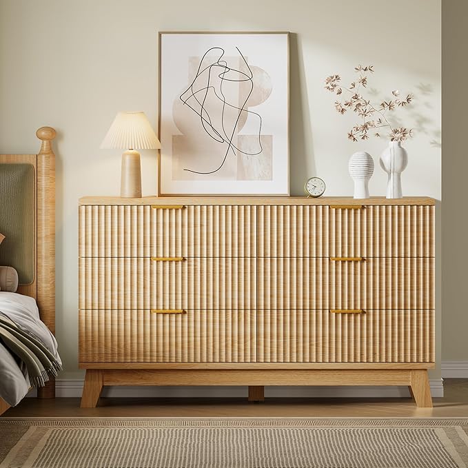 53" Long Dresser for Bedroom, 6-Drawer Dresser with Fluted Fronts, Wide Wood Chest of Drawers, Smooth Metal Slides, Stable Base, Modern Clothes Storage Cabinet for Living Room, Hallway