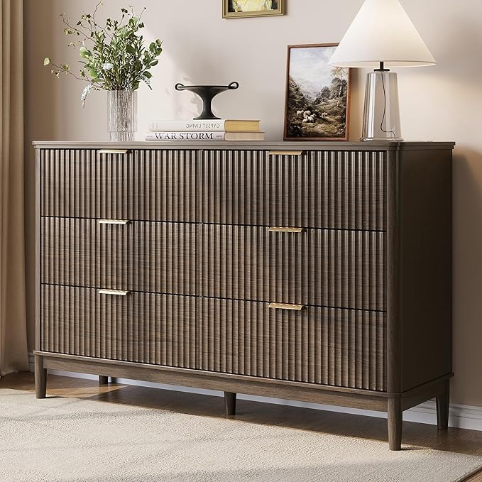 LINSY HOME Fluted Dresser for Bedroom with 6 Drawers, 54" Wide Mid Century Modern Dressers, Tall Boho Chest of Drawer, Large Wood Accent Storage Cabinet for Living Room, Curved Profile Design, Walnut