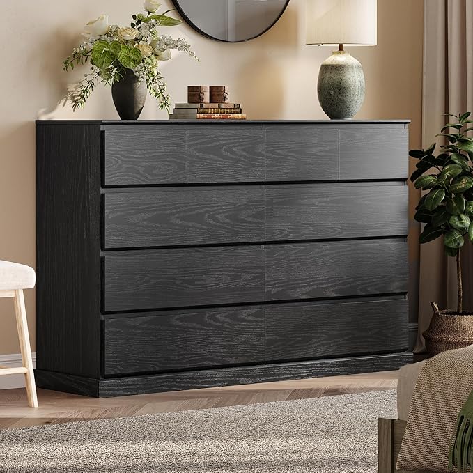LINSY HOME 10 Drawer Dresser for Bedroom, 53" Wide Chest of Deep Drawers, Modern Farmhouse Wood Dressers with Storage, Large Drawer Organizer for Bedroom, Living Room, Handless Design, Black