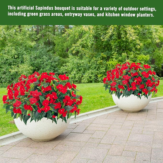 Uqueeten15.7” Fall Decorations for Home Fake Fall Flowers Fake Plants Artificial Impatiens Bouquet Flowers for Outdoors Silk Faux Flowers Impatiens Plants Decor Indoor Planters 8PCS (Red)