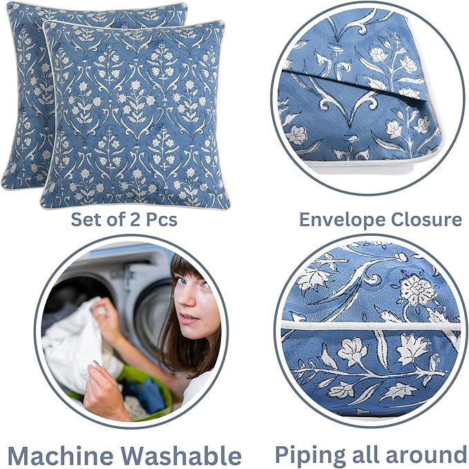 Ridhi Hand Block Print 20x20 Baby Blue Decorative Outdoor Couch Throw Canvas Pillow Cover Set of 2 Washable Modern Vintage Boho Chic Spring Home Decor Gifts Cover