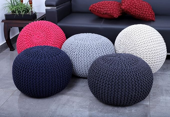 FRELISH DECOR Round Pouf Ottoman Hand Knitted 100% Cotton Pouf Foot Stool - Knitted Bean Bag - Floor Chair for Living Room Bedroom - Foot Rest for Couch (20 Diameter x 14 Height) - Navy