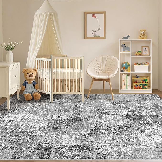 Tortania Washable 10x14 Area Rug for Living Room: Modern Abstract Neutral Large Soft Thin Rugs - Non Slip Indoor Carpet for Bedroom Dining Room Office Nursery Home Floor Decoration - Grey