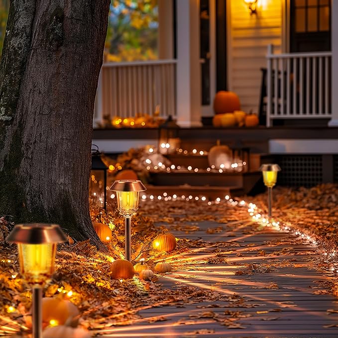 Solar Lights Outdoor Waterproof,4 Pack Bronze Pathway Lights with 10-40 LM Dimmable Glass and Metal, Solar Powered Garden Fall Decor for Yard,Patio,Pathway,Driveway(Warm White)