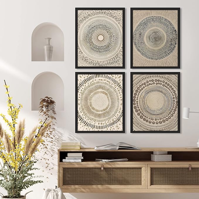 SIGNWIN Framed Art Beige Abstract Geometric Circle Stroke Minimalist Folk Boho Mid-Century Inspired Digital Print Decorative Zen Bedroom Relax Multicolor - 11"x14"x4 Black