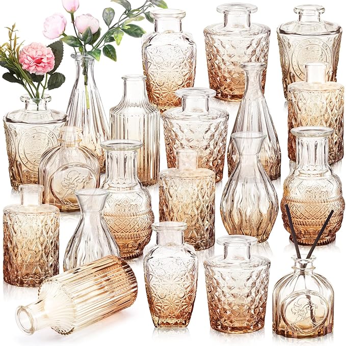 20 Pcs Glass Bud Vase Set Small Vintage Flower Vase in Bulk for Centerpieces Rustic Decorative Glass for Wedding Table Home Christmas Decoration (Amber)