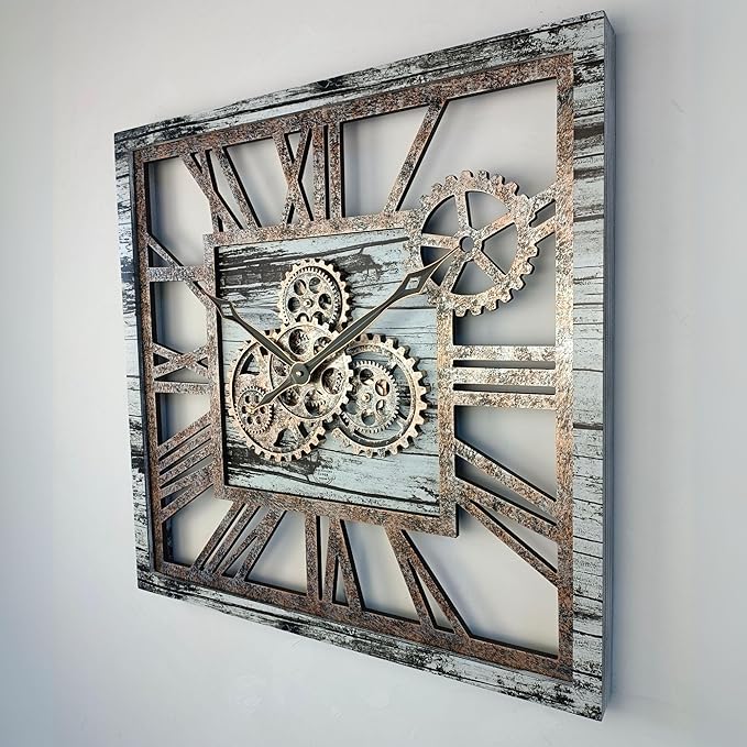 The Gears Clock 24'' Inch Square Real Moving Gear Wall Clock Vintage Industrial Oversized Rustic Farmhouse (Grey and White)
