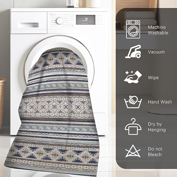 RUGSURE Washable Area Rugs 5' x 7' - 1/6 Thick - Moroccan-Inspired -Stain & Water Resistant Non-Slip - Resistant Rug for Living Room, Bedroom, Nursery, Pet & Child Friendly (Blue and Brown)