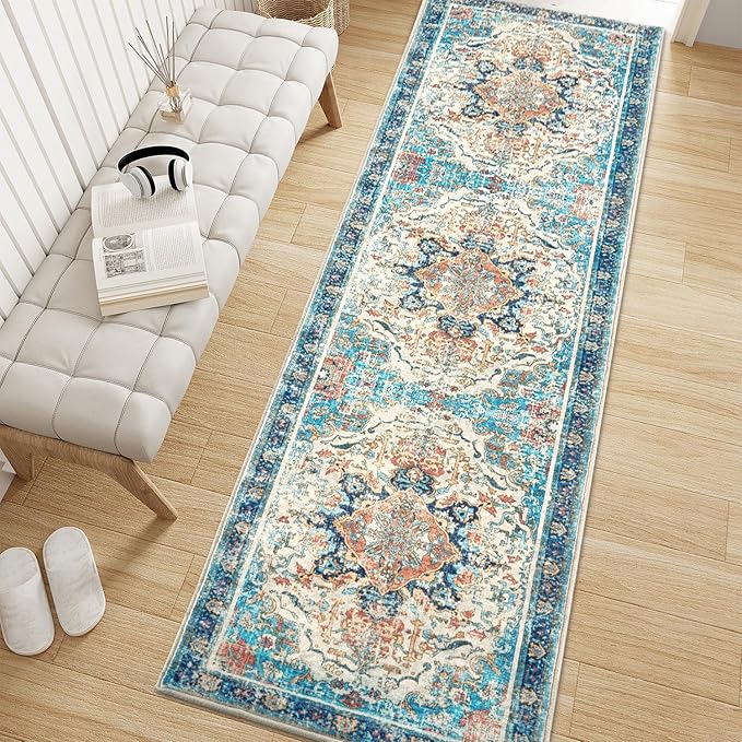 Topllen Runner Rug - 2'x6' Boho Washable Kitchen Rug, Non-Slip Soft Low Pile Rugs Indoor for Entrance Living Room Bedroom Bathroom,Vintage Throw Hallway Carpet Stain Resistance (Multi, 2x6ft)
