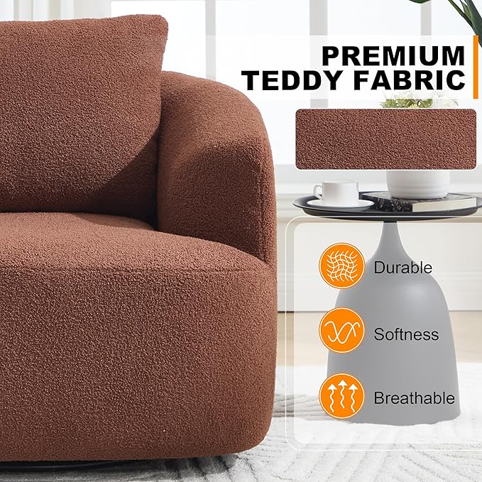 Luxlen Swivel Accent Chair with Pillow for Living Room, Teddy Fleece Upholstered Single Sofa, 360° Rotating Barrel Chair with Metal Base for Bedroom, Office, Apartment - Brown