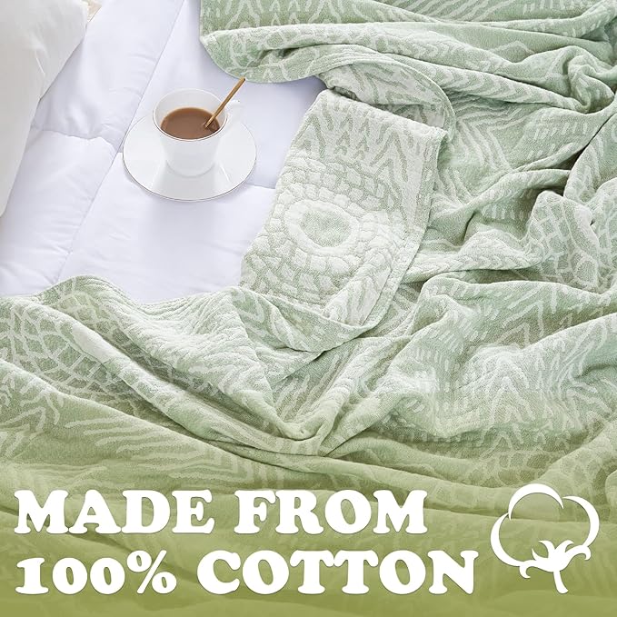 jinchan Boho 100% Cotton Blanket Muslin Lightweight Twin Size Throw Blanket Reversible for Couch Soft Cozy All Season 3-Layer Throw Coverlet Blanket for Bedroom Living Room Decor Green 60x80 Inches