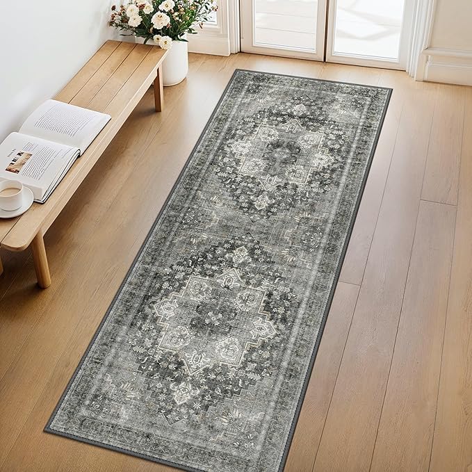 GENIMO 2x10 Runner Rugs for Hallway, Machine Washable Non Slip Vintage Rugs, Low Pile Lightweight Soft Print Rug for enrtyway, Corridor, Home Office, Kitchen, Charcoal Gray