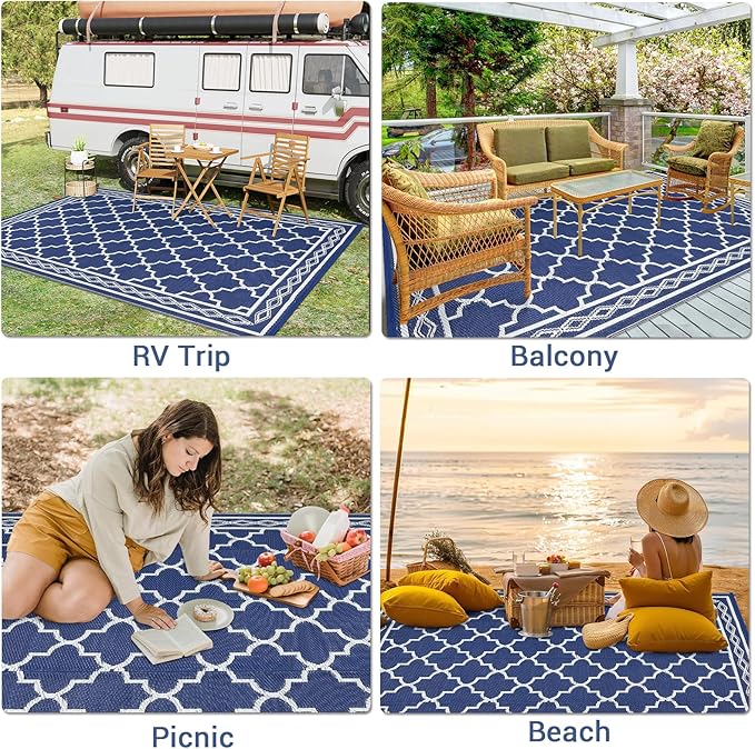 GAOMON Outdoor Rug 9'x12' Waterproof Rug for Patio Decor, Foldable Reversible Plastic Straw Area Rugs Mat for Camper, Outside Carpet for Deck, Porch, Picnic, Beach, Navy/White(Geometric)