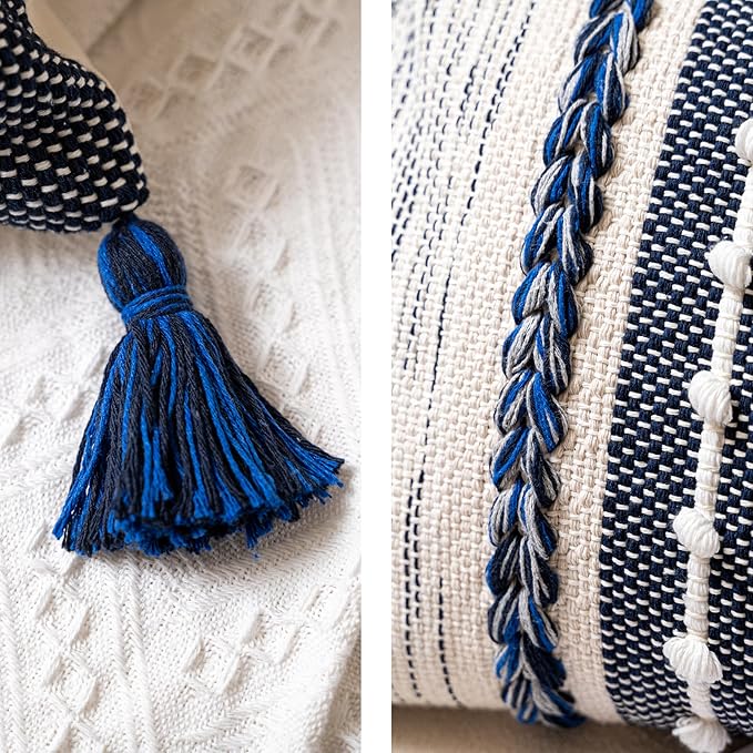 BlissBlush Decorative Lumbar Throw Pillow Cover 14x24 Boho Dark Blue Accent Cushion for Couch Sofa Farmhouse Pillowcase for Bedroom Living Room Home Décor Cover ONLY
