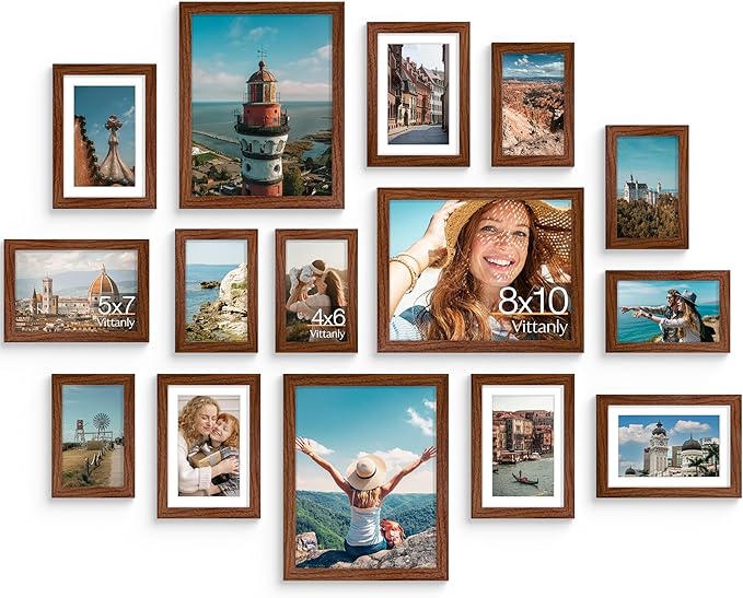 Vittanly 15 Pack Picture Frames Collage Wall Decor, Multi Sizes Including 3pcs 8x10, 6pcs 5x7 and 6pcs 4x6 Photo Frames, Gallery Frame Set for Wall or Tabletop Display, Walnut Brown
