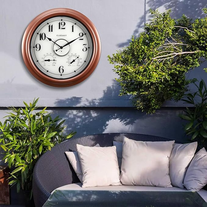 CLXEAST 18 Inch Illuminated Outdoor Indoor Clocks with Smart Sensor,Modern Farmhouse Lighted Wall Clock with Temperature and Humidity for Patio, Garden Decor,Copper/Rose Gold Finish