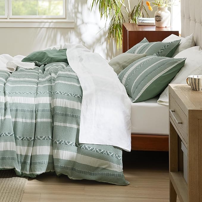 Bedsure Waffle Weave Duvet Cover Queen - 100% Cotton Boho Duvet Cover with 2 Pillowcases - Green Textured Comforter Cover with Zipper Closure (Queen, 90"x90")