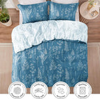 Love's cabin Mineral Blue Comforter Set King - King Size Comforter Set, 3 Pieces Cute Floral Bedding Sets for All Seasons,1 Soft Reversible Botanical Flowers Comforter and 2 Pillow Shams