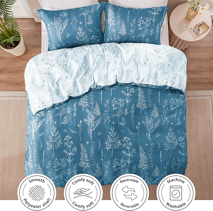 Love's cabin Mineral Blue Comforter Set Queen - Queen Size Comforter Set, 3 Pieces Cute Floral Bedding Sets for All Seasons,1 Soft Reversible Botanical Flowers Comforter and 2 Pillow Shams