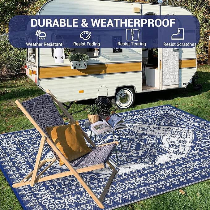 GAOMON Outdoor Rugs for Patio 9x12 Waterproof Reversible Plastic Straw Rug, Large UV-Resistant Portable RV Camping Mats, Indoor Outdoor Medallion Carpet for Deck Porch Garden, Dark Blue & White