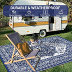 GAOMON Outdoor Rugs for Patio 9x12 Waterproof Reversible Plastic Straw Rug, Large UV-Resistant Portable RV Camping Mats, Indoor Outdoor Medallion Carpet for Deck Porch Garden, Dark Blue & White