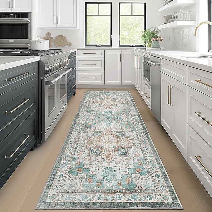 GENIMO 2x10 Runner Rugs for Hallway, Machine Washable Non Slip Vintage Rugs, Low Pile Lightweight Soft Print Rug for enrtyway, Corridor, Home Office, Kitchen, Cyan