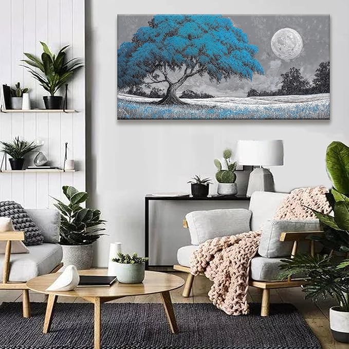TAIJXAGSG Wall Art For Living Room Blue Tree Moon Canvas Art Wall Print Decor Artwork Print Painting 24" X 48" Modern Wall Art Picture For Bedroom Modern Salon Kitchen Office Home Wall Decor