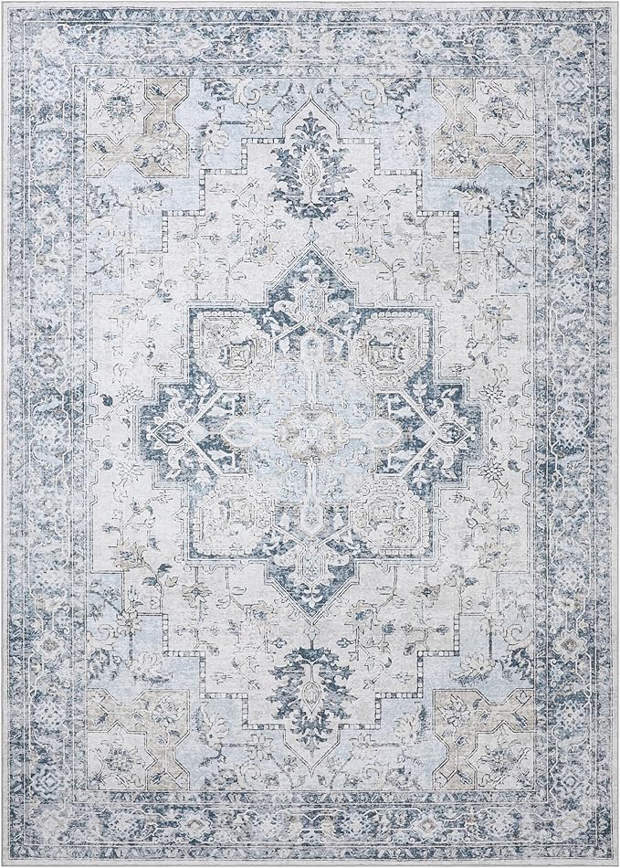 GENIMO 5x8 Area Rugs for Living Room, Machine Washable Low Pile Rugs, Chenille Non Slip Vintage Rug for Bedroom, Dining Room, Home Office, Blue