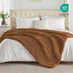Carriediosa Chunky Knit Throw Blanket 50" X 60", 100% Hand Made Large Chenille Loop Yarn Soft Fluffy Throws for Couch Sofa Bed, Big Crochet Cozy Heavy Thick Cable Woven Blanket, Light Brown