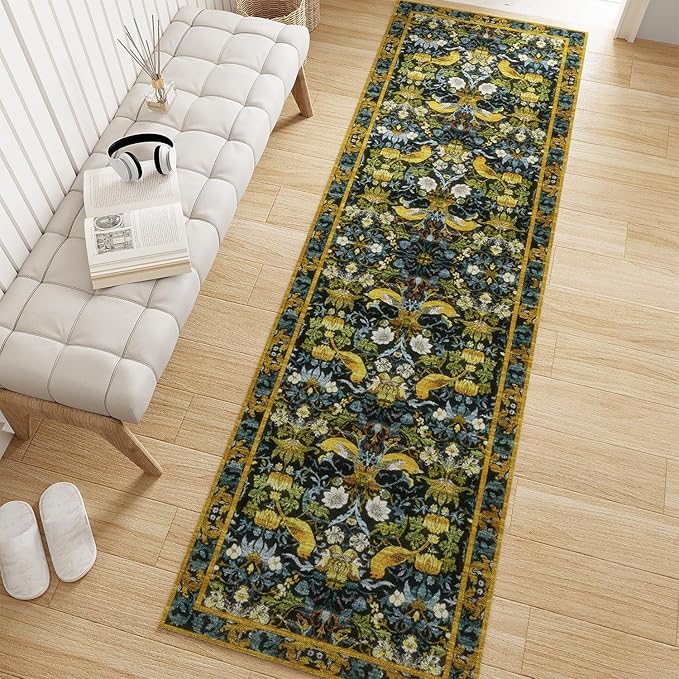 Runner Rug - 2'6"x8' Boho Washable Kitchen Rug, Non-Slip Soft Low Pile Rugs Indoor for Hallway Living Room Bedroom Sunroom, Vintage Stair Carpet Stain Resistance (Dark Green, 2.5x8ft)