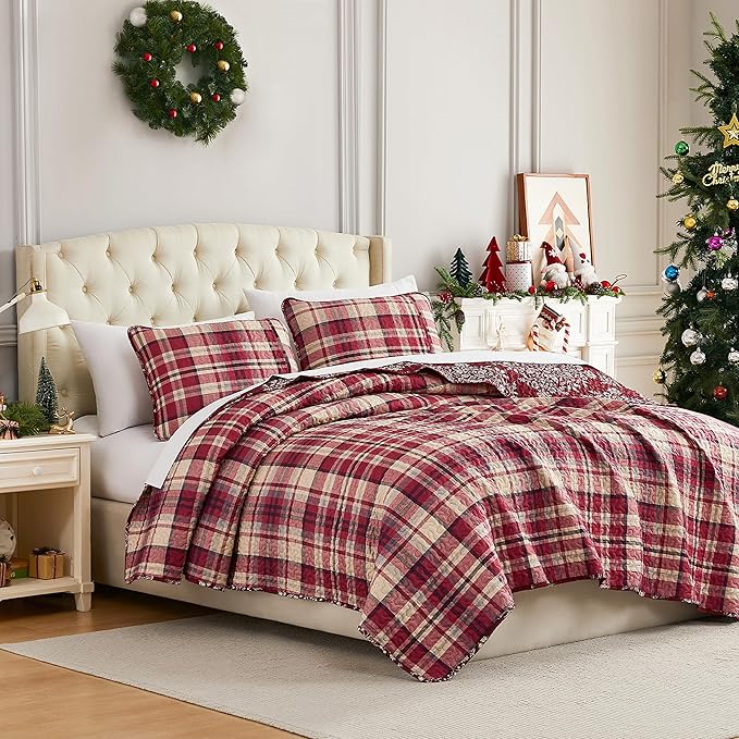 Southshore Fine Living Christmas Quilt Twin XL Bedding Set, Reversible Farmhouse Coverlet, Twin XL Bedspread - Red Plaid