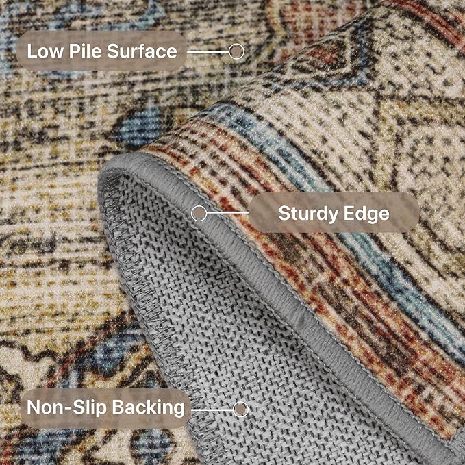 GENIMO 10x12 Area Rugs for Living Room, Machine Washable Non Slip Vintage Rugs, Low Pile Lightweight Chenille Print Rug for Bedroom, Dining Room, Home Office, Antique Red