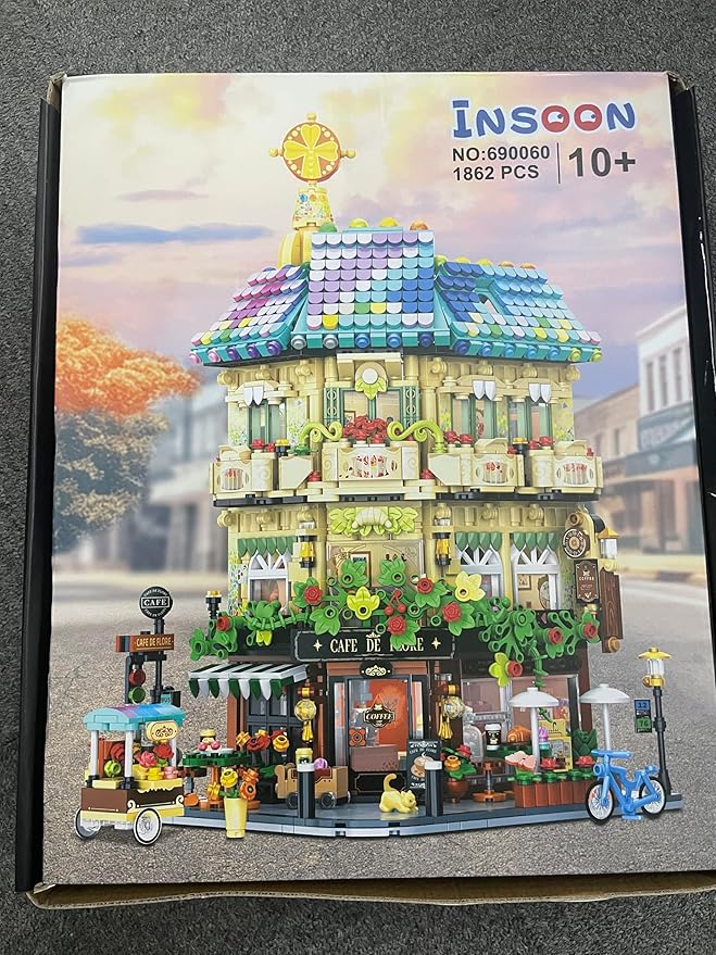 Flower Cafe House Building Set with Lights, 1876 PCS City Street Corner Shop Construction Model, Art Architecture Modular Building Block Kit Home Decor, Gift for Adults Teens Boys Girls 12+