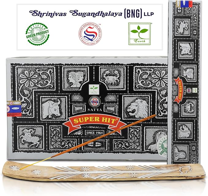 Satya Super Hit Incense Sticks, Satya Bng (Bangalore) Insenses 15gmx12 Pack with Raajsee Incense Holder Bundle, Satya Nagchampa Natural Incense