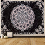 Fowocu Boho Floral Mandala Tapestry Wall Hanging Grey Bohemian Flower Medallion Tapestry Aesthetic Gray Black Hippie Indian Small Tapestries for Bedroom Living Room Dorm Decor 48 x 36 Inch