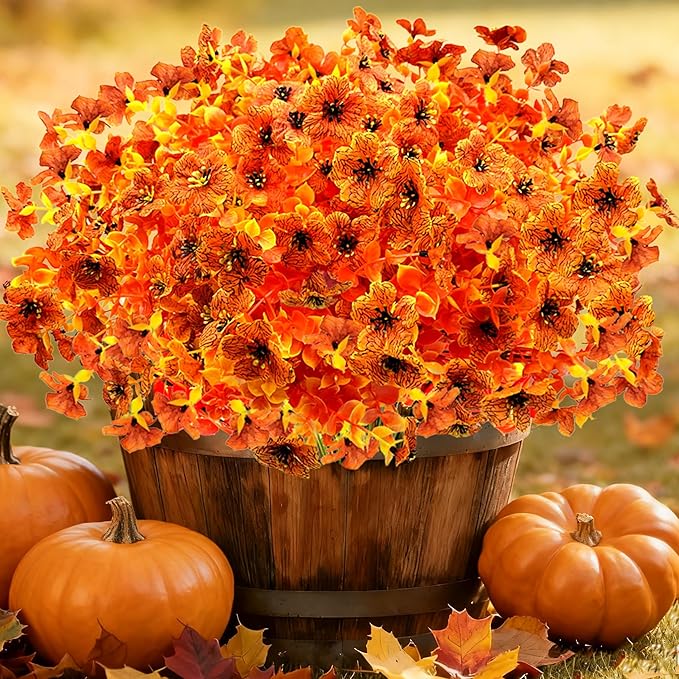 Artificial Fall Flowers for Outdoors, 10 Bundles Artificial Plants UV Resistant Fall Fake Plants for Outside Halloween Christmas Porch Decoration Fall Decor(Orange(Eucalyptus))
