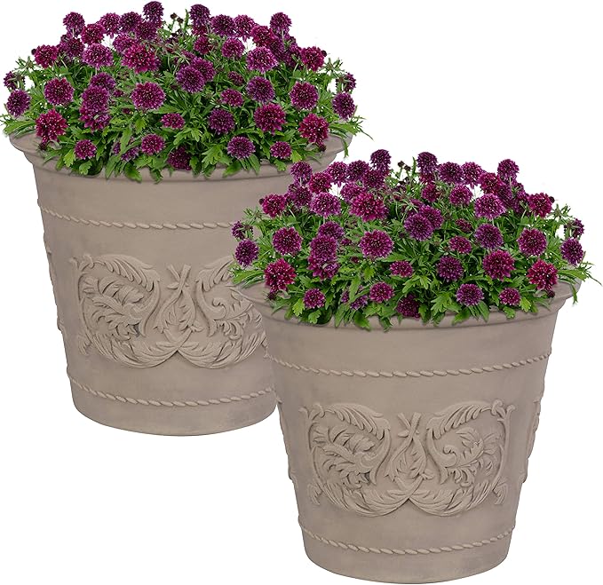 Sunnydaze 19.5-Inch Arabella Large Plant Pot - Polyresin Round Outdoor Planter with Drillable Drainage Holes - 2 Pack - Beige