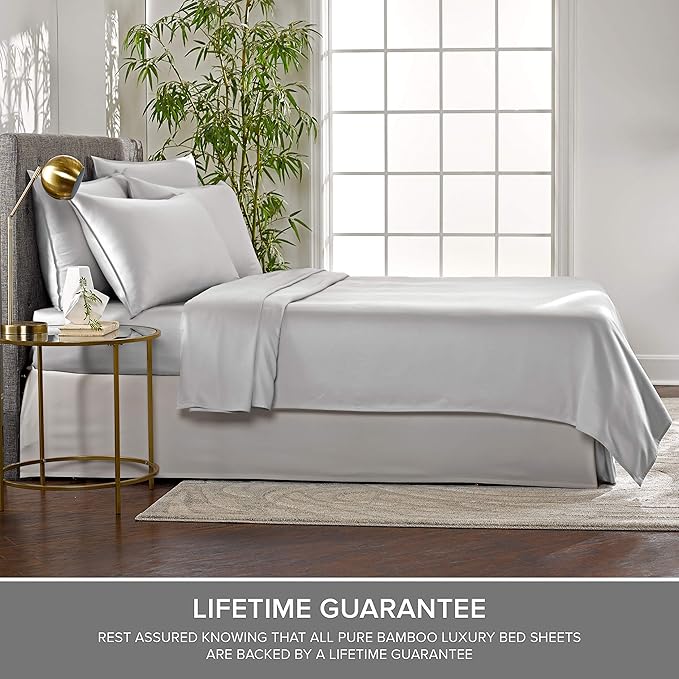 Split King Sheets by Pure Bamboo, Genuine 100% Organic Viscose Derived from Bamboo Bed Sheet Set, Soft & Cooling, Double Stitching *Not for Split Top (Split King, Silver Pearl)