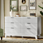 Fluted Dresser with 6 Drawers, 54" Wide Modern Chest of Drawers with Metal Handle, Wooden Dresser TV Stand, Wood Closet Clothes Storage Organizer for Bedroom, Living Room, Hallway, Solid White