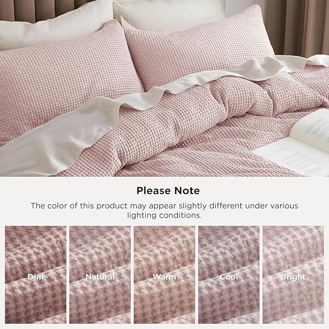 Bedsure Cotton Duvet Cover King - 100% Cotton Waffle Weave Pink Duvet Cover King Size, GentleSoft™ and Breathable Bedding Set for All Season, 3 Pieces, 104"x90"