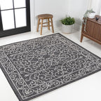 JONATHAN Y Vintage Filigree Indoor Outdoor Square Area Rug 5X5 Black/Gray, Charleston Textured Weave for Backyard, Patio, Porch, Easy-Cleaning, High Traffic, Pet-Friendly, Non-Shedding (SMB106G-5SQ)