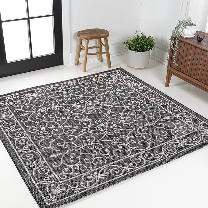 JONATHAN Y Vintage Filigree Indoor Outdoor Square Area Rug 4X4 Black/Gray, Charleston Textured Weave for Backyard, Patio, Porch, Easy-Cleaning, High Traffic, Pet-Friendly, Non-Shedding (SMB106G-4SQ)