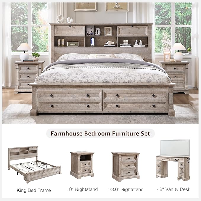 Farmhouse Nightstand with Charging Station, 18" End Table with 2 Drawers Storage and 1 Storage Shelf, Wooden Side Table w/Roman Column, Bedside Cabinet for Bedroom, Living Room, Light Rustic Oak