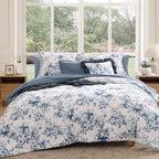 Queen Comforter Set -7 Pieces Floral Blue Comforter Set for All Seasons, Bed in a Bag Queen with Botanical Flowers Comforter, Sheets, Pillowcases & Shams