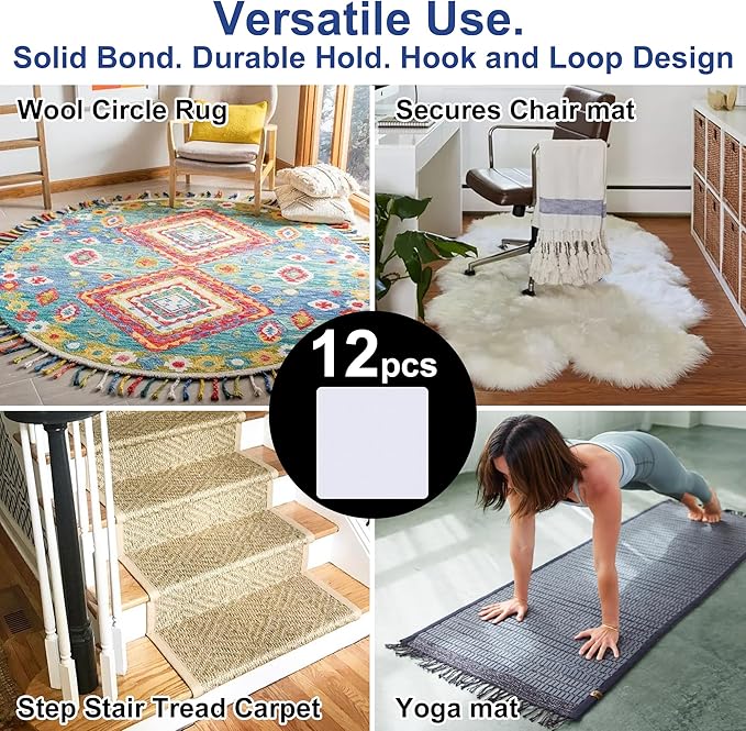 Audend Double Carpet Pad, Non Skid Sided Rug Tape 12 Pack, Rug Gripper on Wood Floor and Tile Floors, White Carpet Gripper for Indoor, Outdoor, Home, Kitchen,Living Room
