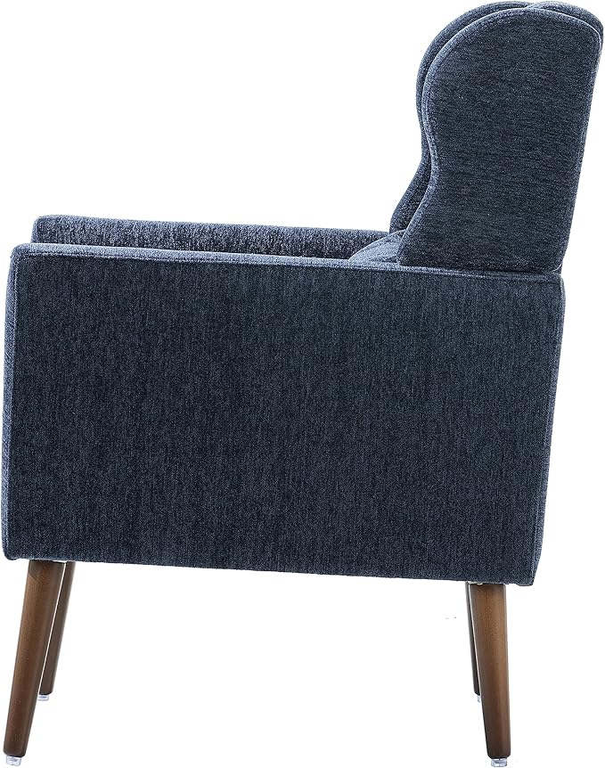 Accent Chair, Comfy Upholstered Living Room Chairs with High Tufted Backrest and Pillow, Wingback Reading Chair with Solid Wood Legs for Bedroom/Office, Chenille Fabric, Dark Blue