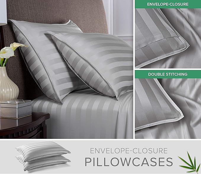 Split King Sheets by Pure Bamboo, Genuine 100% Organic Viscose Derived from Bamboo Bed Sheet Set, Soft & Cooling, Double Stitching *Not for Split Top (Split King, Jacquard Silver)