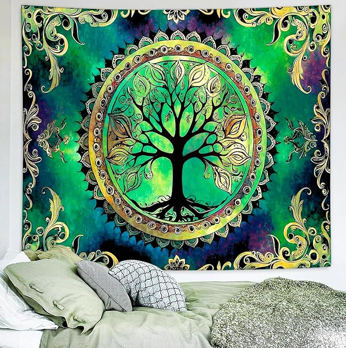 Delur Tree of Life Tapestry Green Nature Bohemian Mandala Spiritual Tapestry Wall Hanging Mystical Landscape Hippie Psychedelic Headboard for Bedroom Living Room Home Decor (70.8" x 92.5")