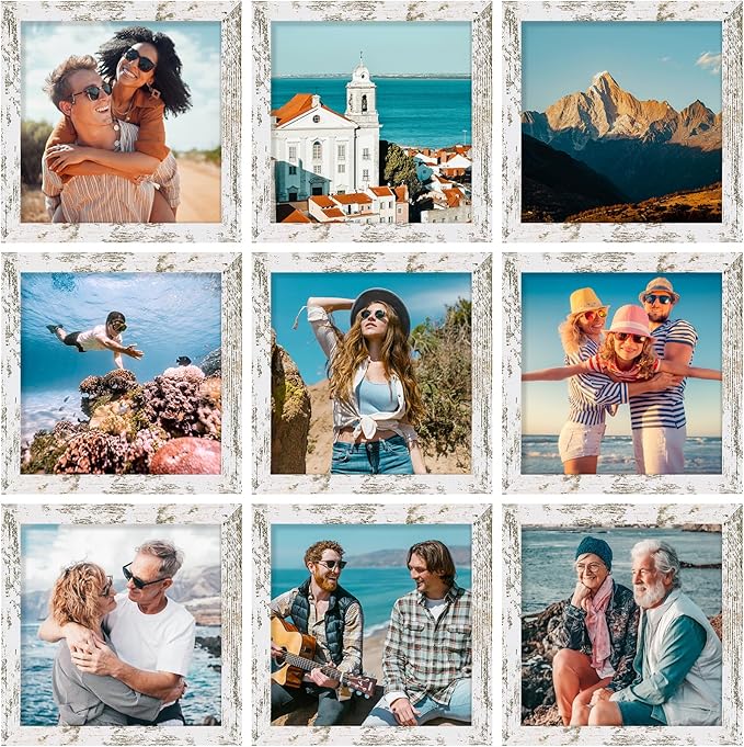 Vittanly 8x8 Picture Frames Set of 9, Shatter Resistant Plexiglass, Display 4x4 Pictures with Mat or 8x8 without Mat, Photo Frames for Wall Mount, Engineered Wood, Distressed White