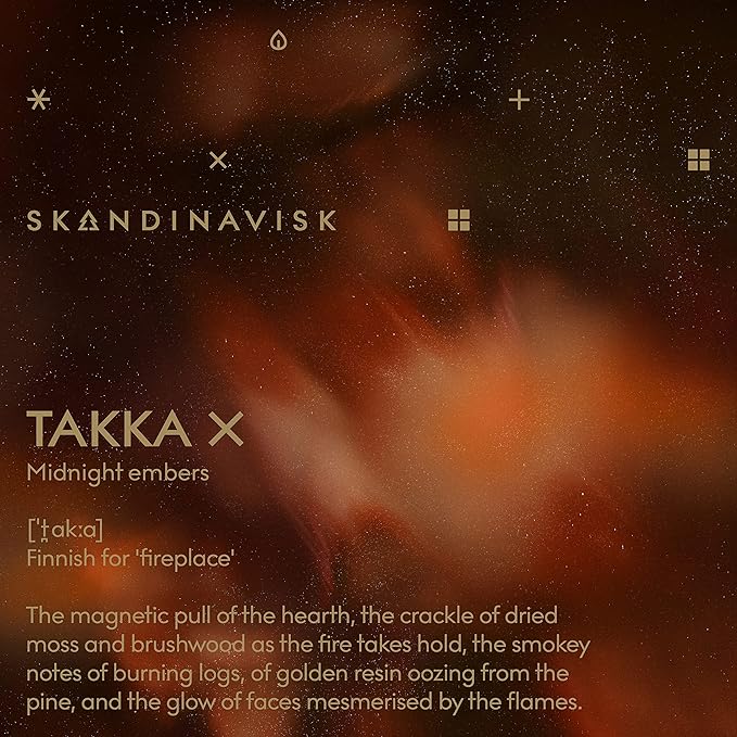 Skandinavisk TAKKA 'Fireplace' Scented Candle. Fragrance Notes: Hacked Pine, Haysmoke and Raw Wool. Masculine Scent. 3.17 oz.